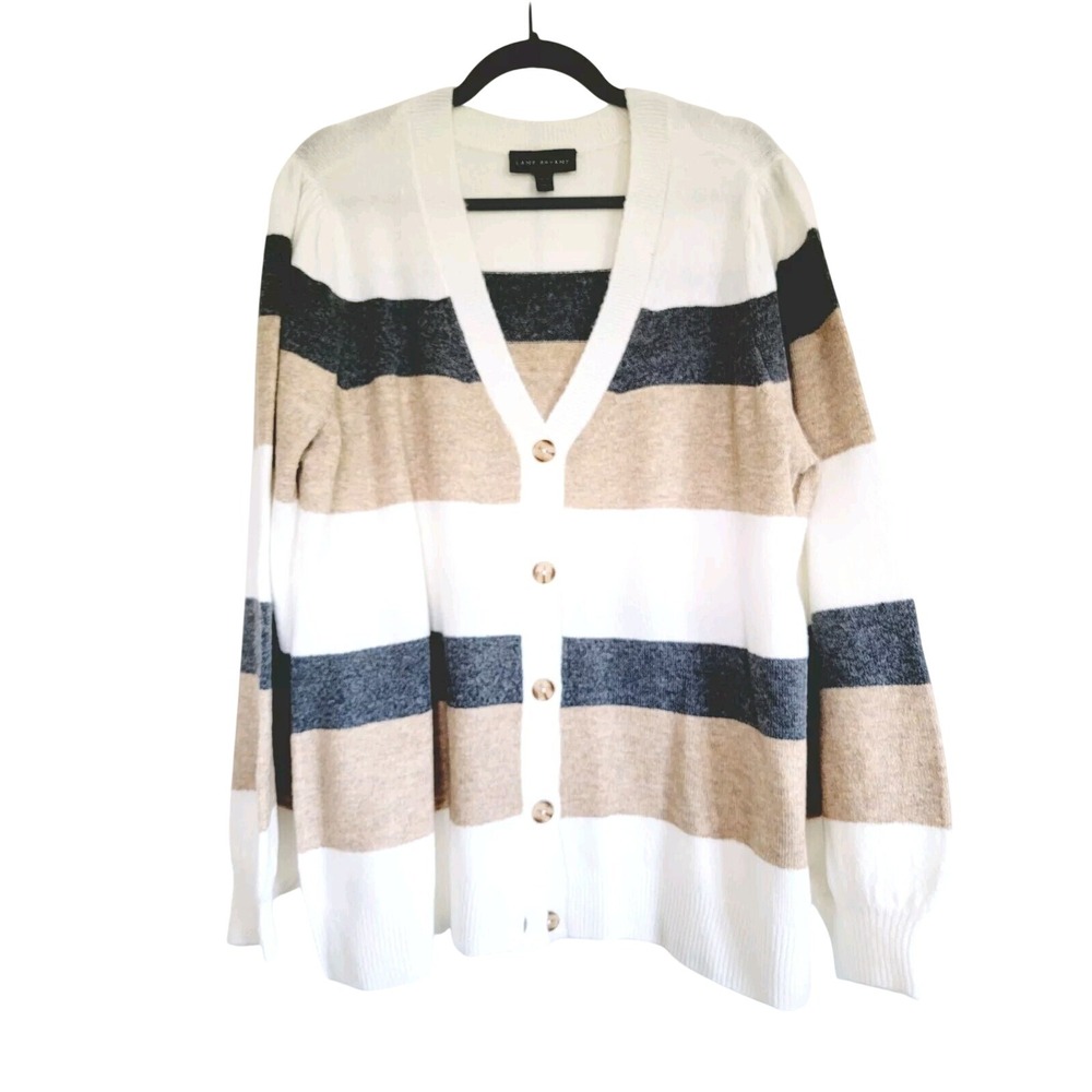 Lane Bryant 18/20 Cardigan Button Front Oversized Brown Cream Gray Stripe‎ NWOT